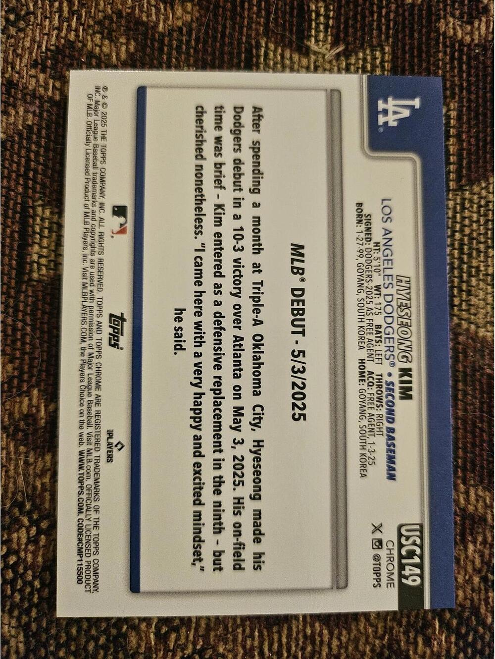 2025 Topps Chrome Update - Hyeseong Kim - RC  #USC149 - Dodgers - RAW Mint - Picture 2 of 2